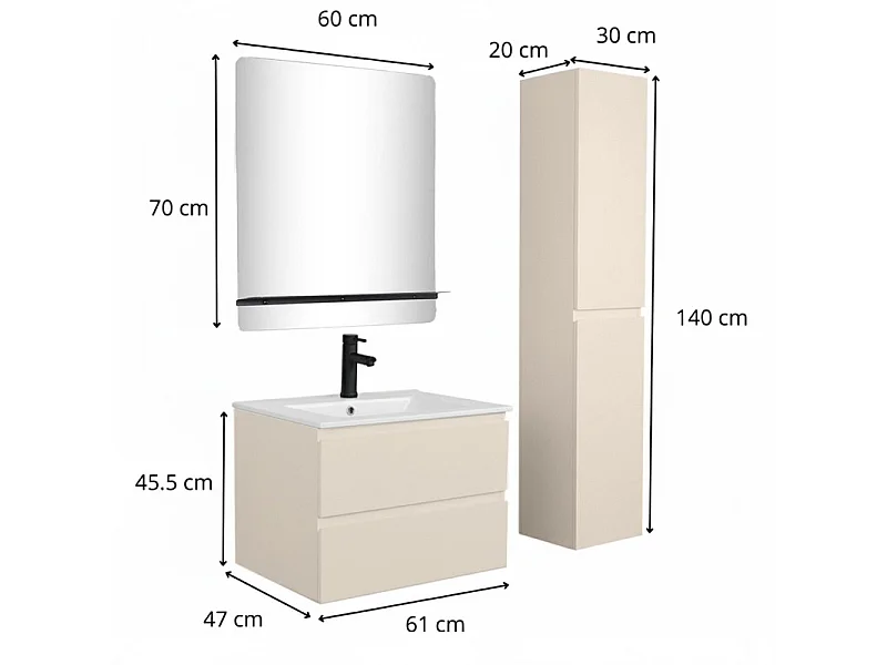 Meuble simple vasque 60cm SORRENTO Décor chêne +vasque+robinet+miroir+colonne