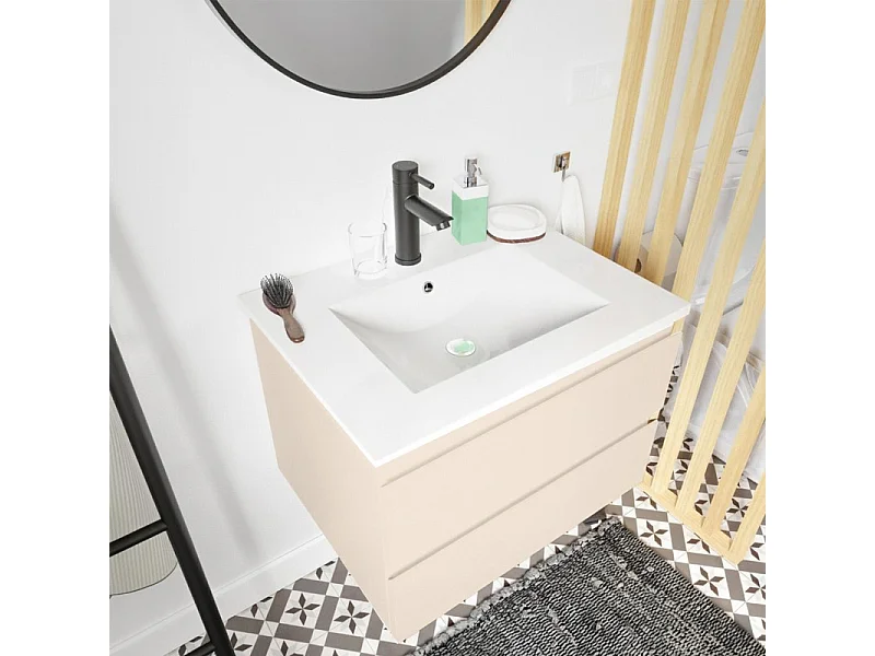 Meuble simple vasque 60cm SORRENTO Décor chêne +vasque+robinet+miroir+colonne