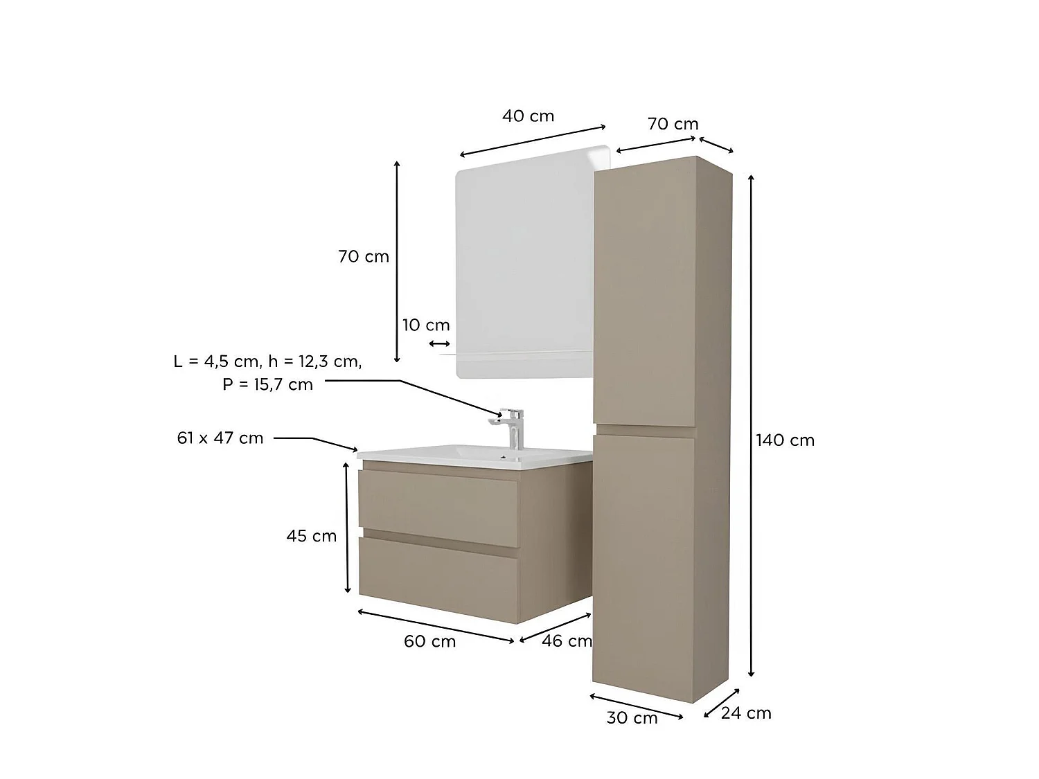 Enkele spoelbakset 60 cm + kraan + spiegel + SORRENTO kolom
