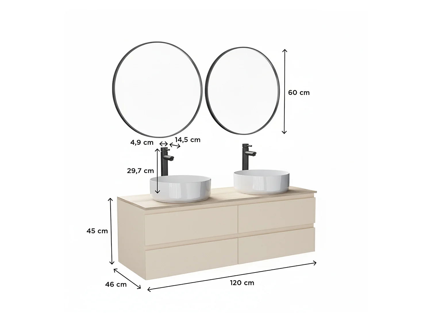 Sorrento dubbele wastafelmeubel van 120 cm + kraan + spiegel