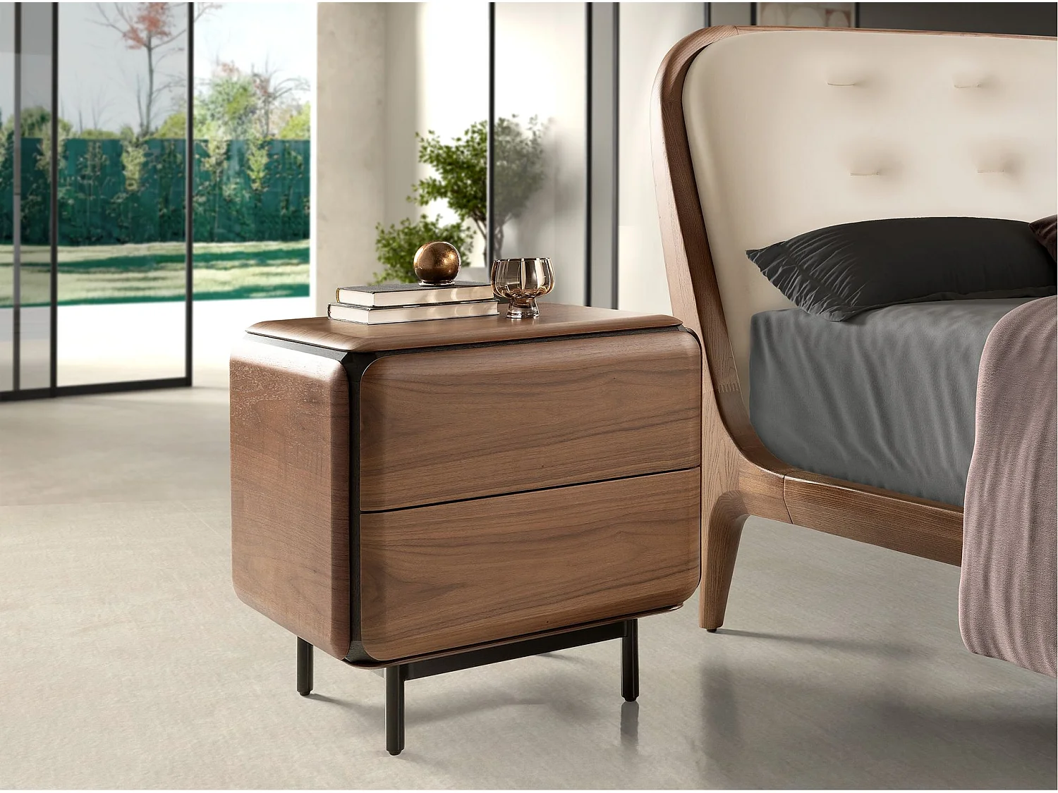 Nachttisch aus Nussbaum, Wenge und schwarzem Stahl 7237 ANGEL CERDA