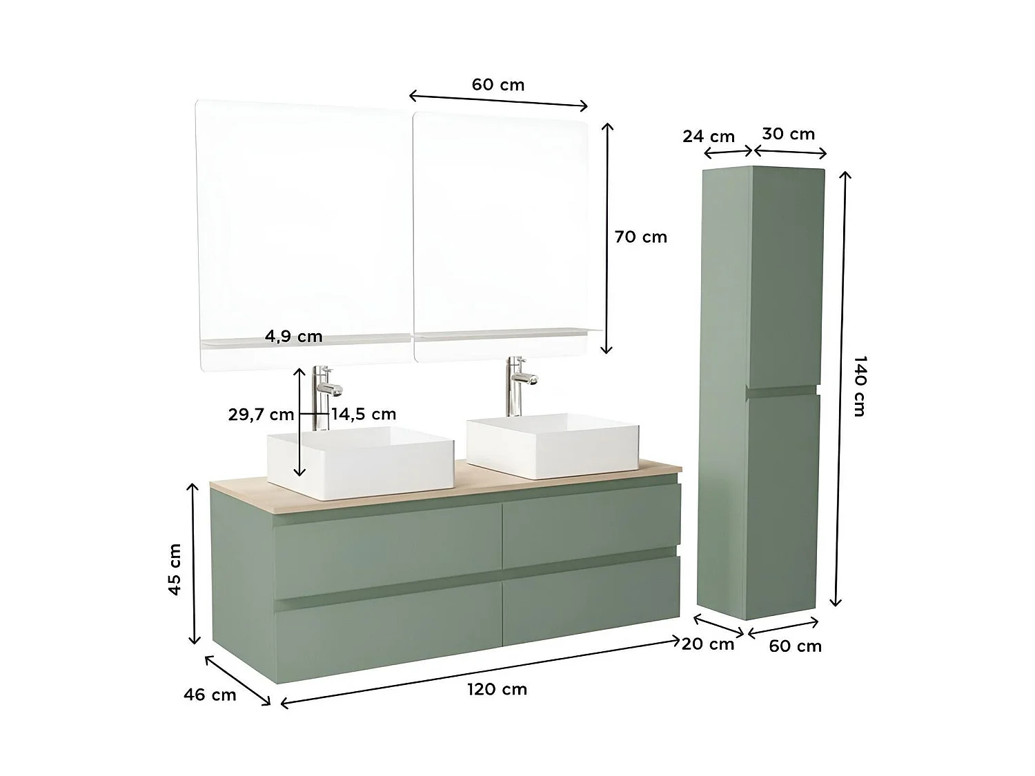 Sorrento 120 cm Wand-Doppelwaschtisch mit Hochschrank