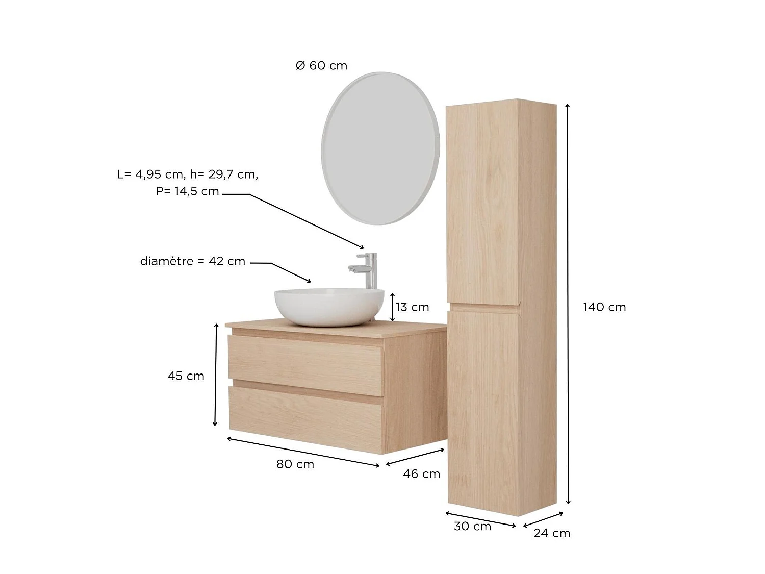 Ensemble meuble simple vasque SORRENTO 80 cm + vasque + robinet + miroir + colonne