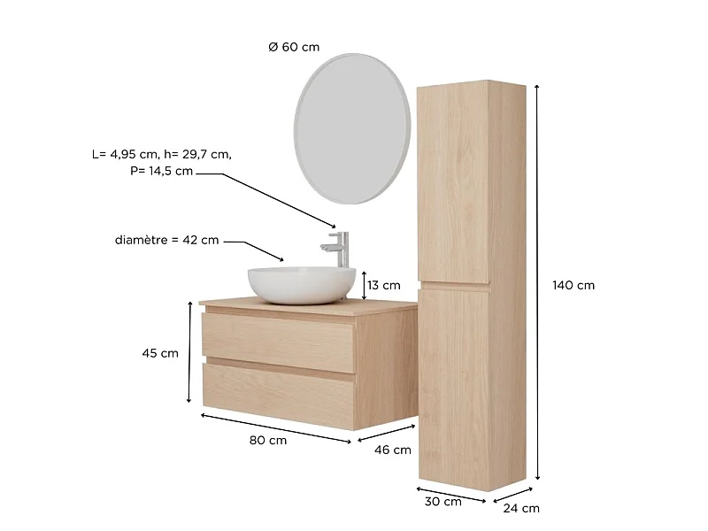 Enkele wastafelmeubelset 80 cm + wastafel + kraan + spiegel + SORRENTO kolom