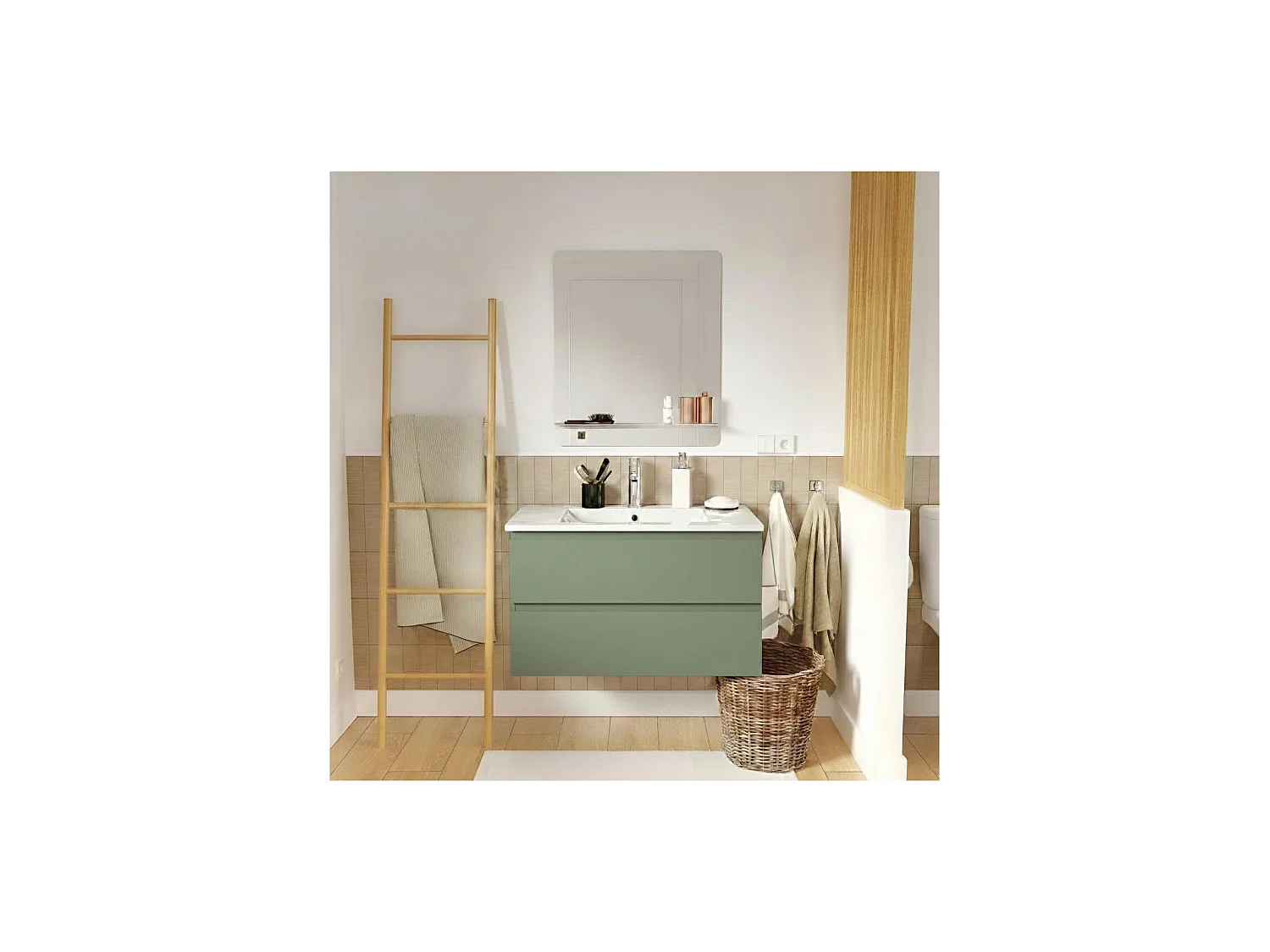 Enkele wastafelmeubel van 80 cm, eikenhouten afwerking, met kraan en spiegel SORRENTO