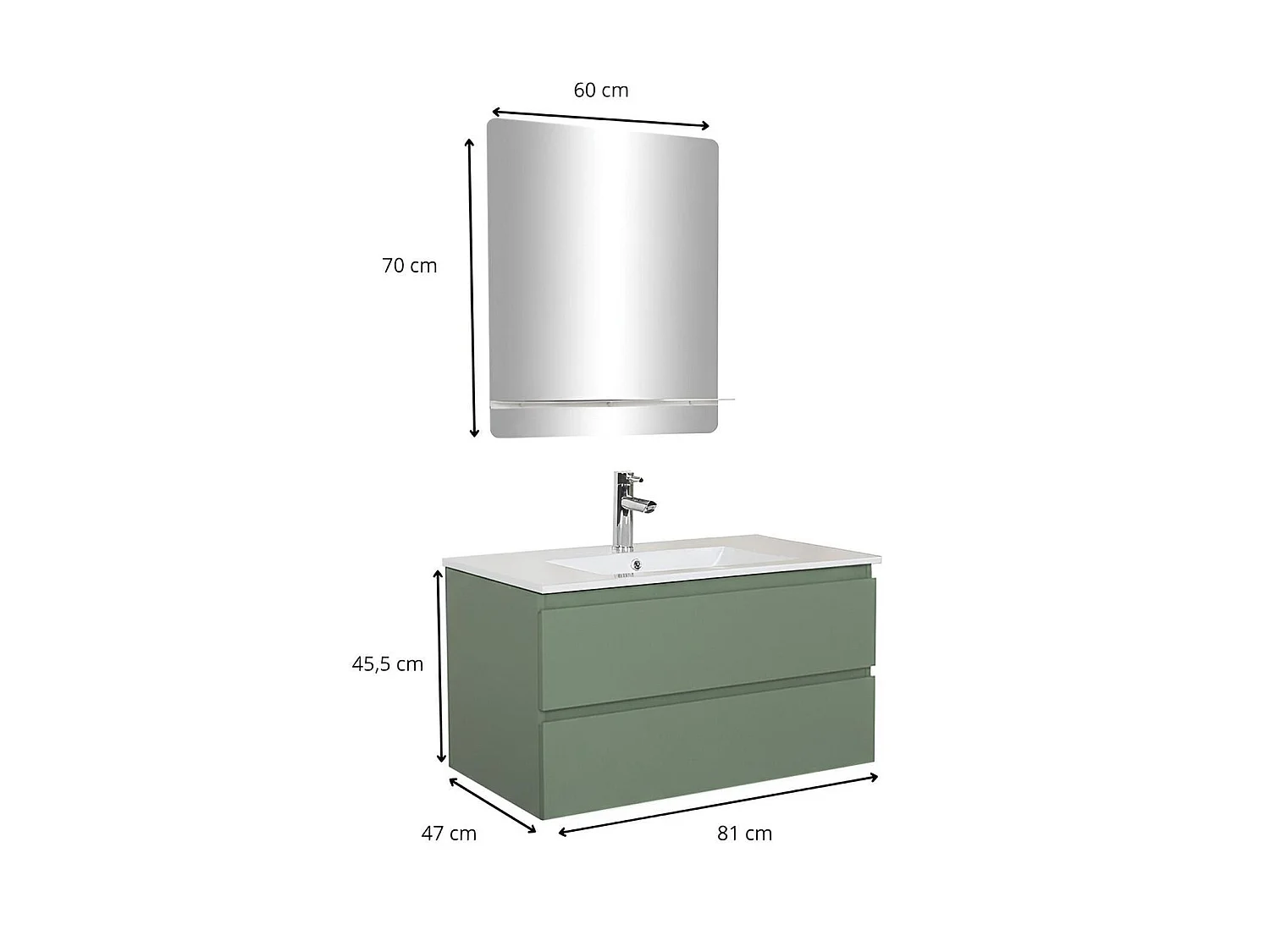 Enkele wastafelmeubel van 80 cm, eikenhouten afwerking, met kraan en spiegel SORRENTO