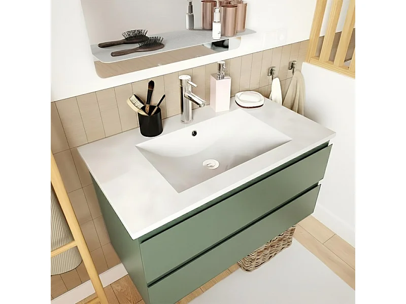 Meuble simple vasque SORRENTO 80cm décor chêne avec robinet et miroir