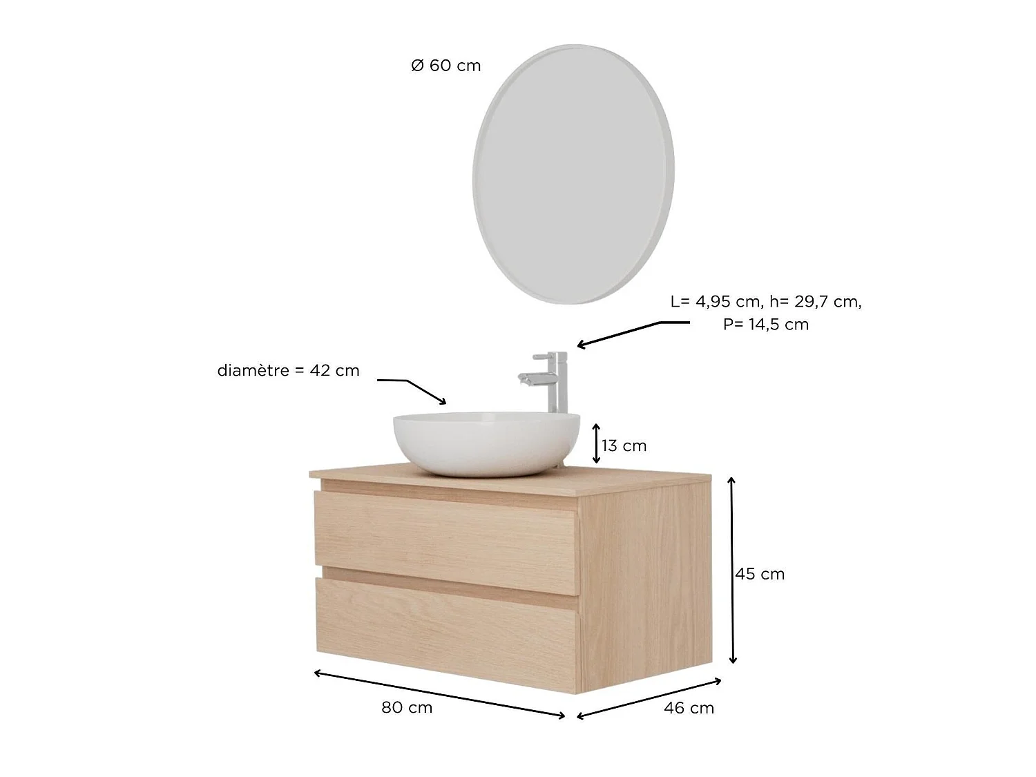 Mobile lavabo singolo SORRENTO 80 cm + lavabo + rubinetto + specchio