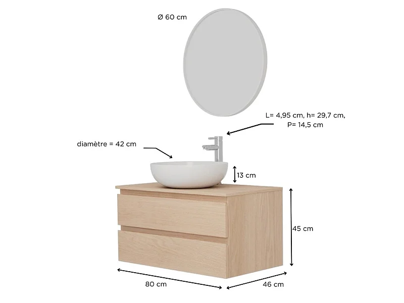 SORRENTO wastafelmeubelset met enkele wasbak 80 cm + wastafel + kraan + spiegel