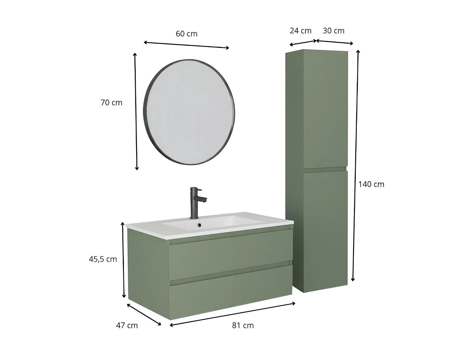 80 cm breed badmeubel met keramisch blad, kraan, spiegel en SORRENTO kolom