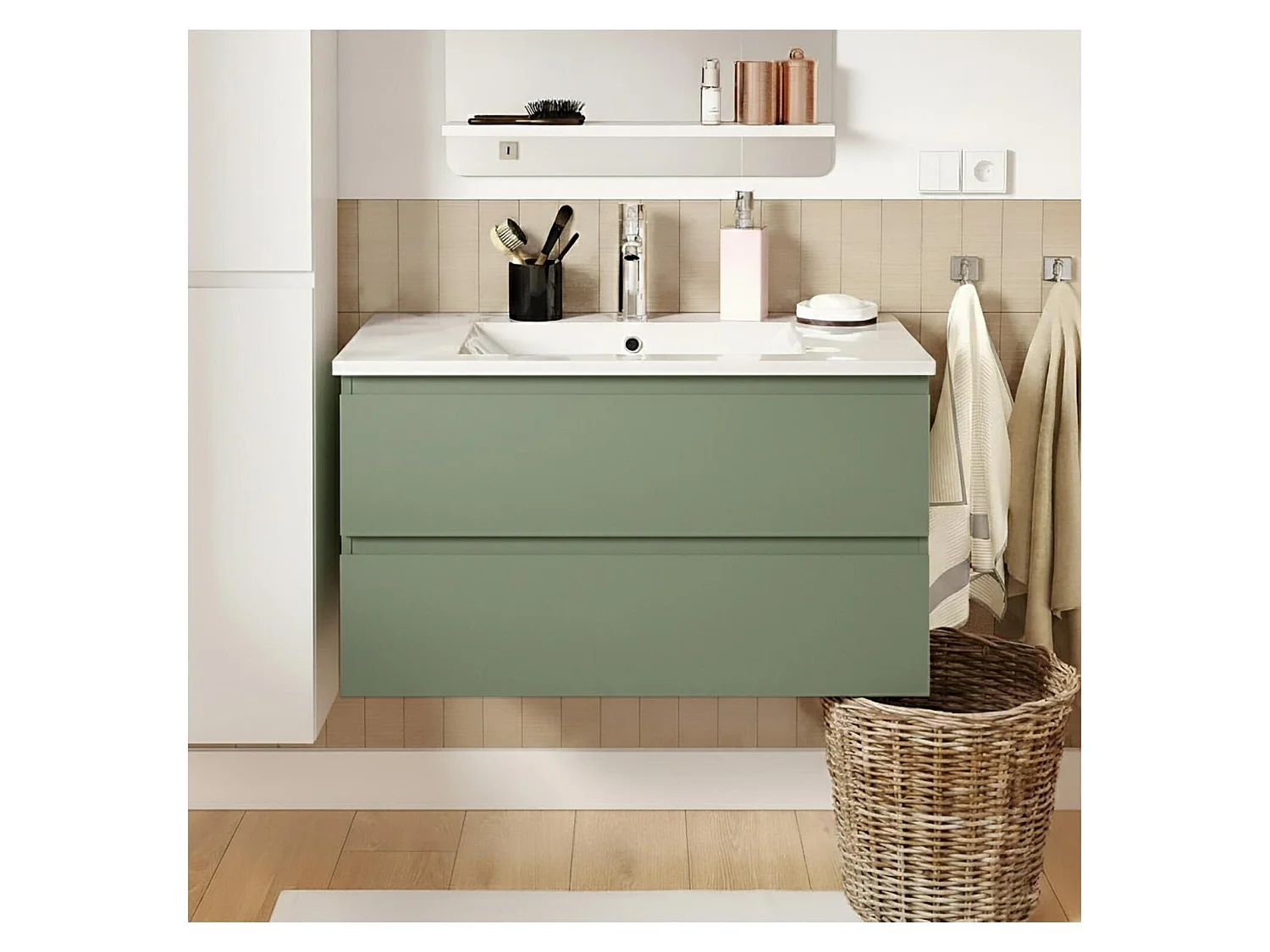 Wastafelmeubel met enkele wastafel van 80 cm, eikenhouten afwerking en SORRENTO-kraan