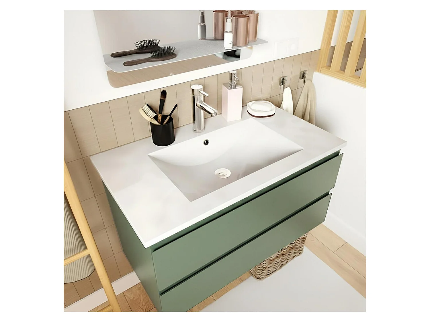 Wastafelmeubel met enkele wastafel van 80 cm, eikenhouten afwerking en SORRENTO-kraan