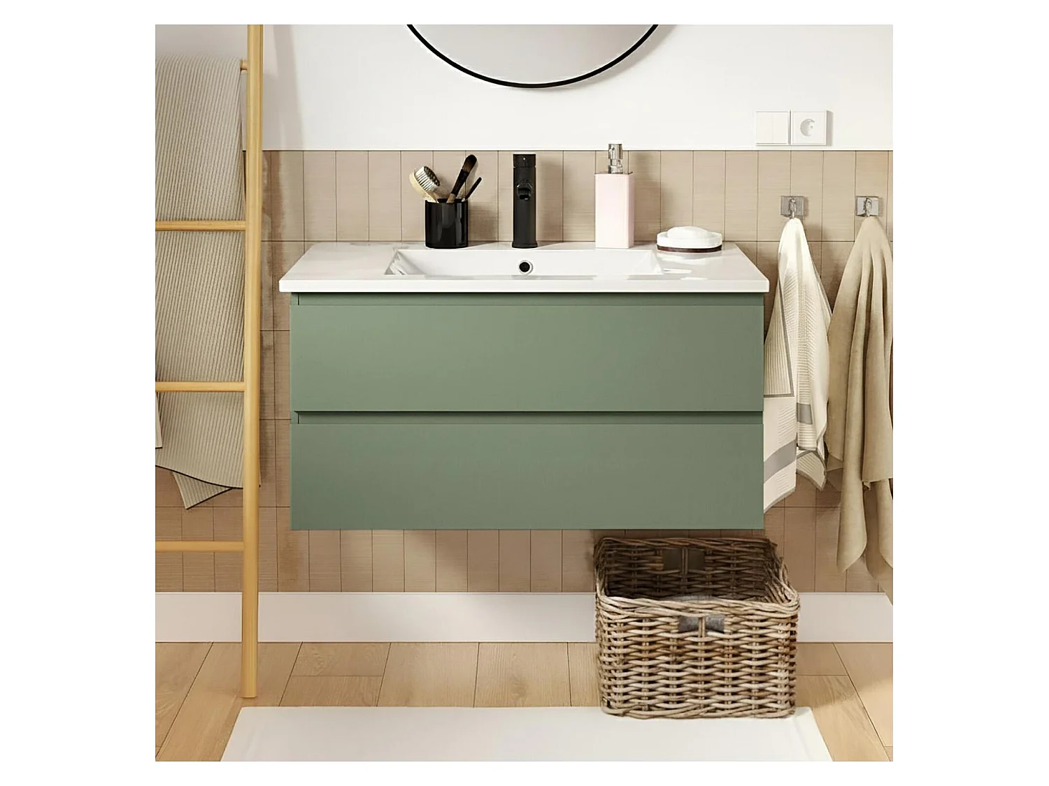 Enkele wastafelmeubel van 80 cm met eikenhouten afwerking, inclusief wastafel en kraan SORRENTO