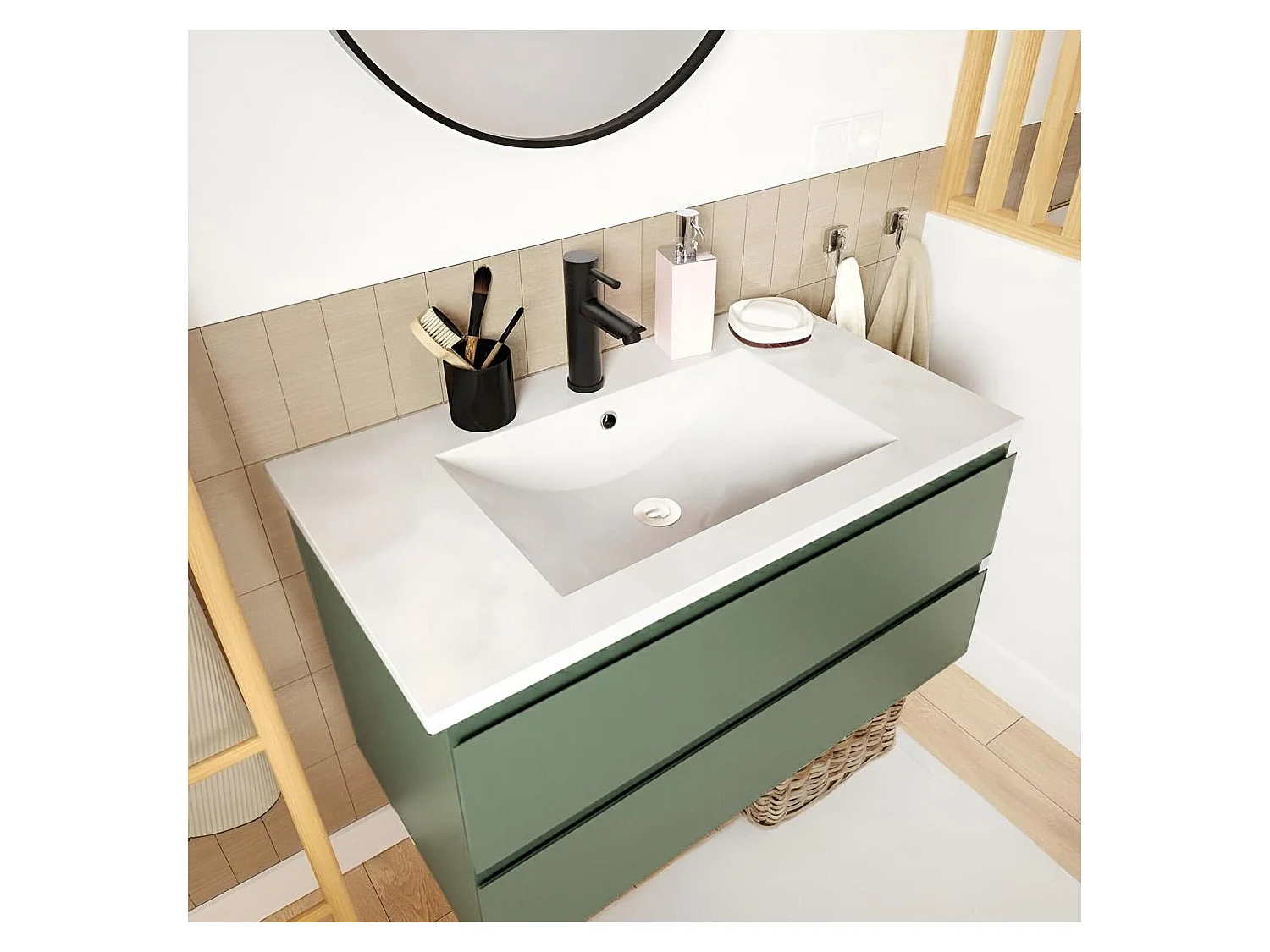 Enkele wastafelmeubel van 80 cm met eikenhouten afwerking, inclusief wastafel en kraan SORRENTO