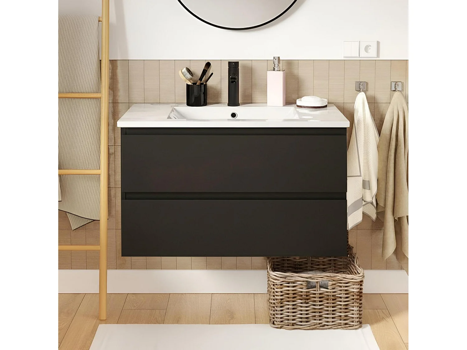 Mobile bagno singolo da 80 cm con finitura rovere, lavabo e rubinetto SORRENTO