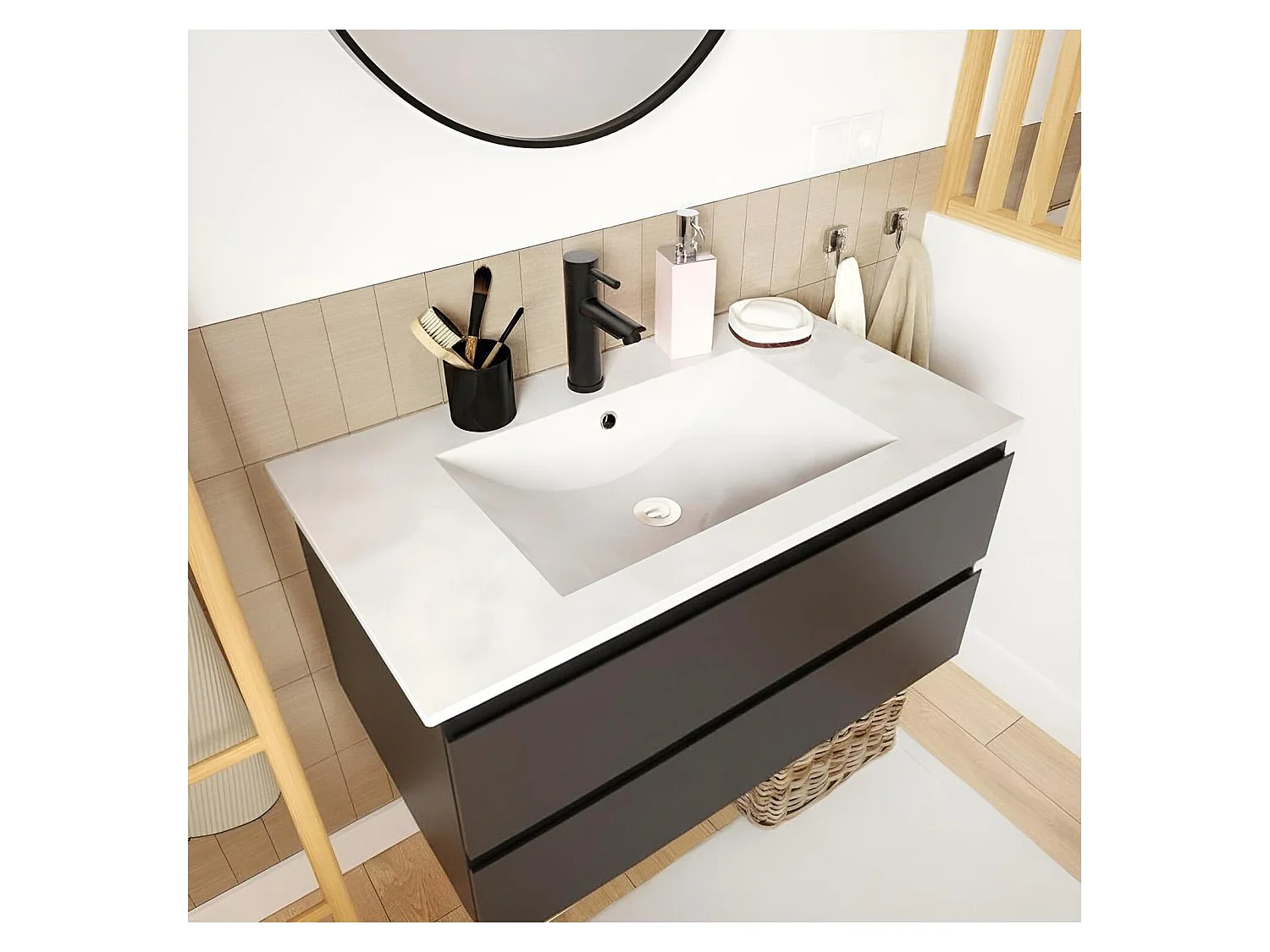 Mobile bagno singolo da 80 cm con finitura rovere, lavabo e rubinetto SORRENTO