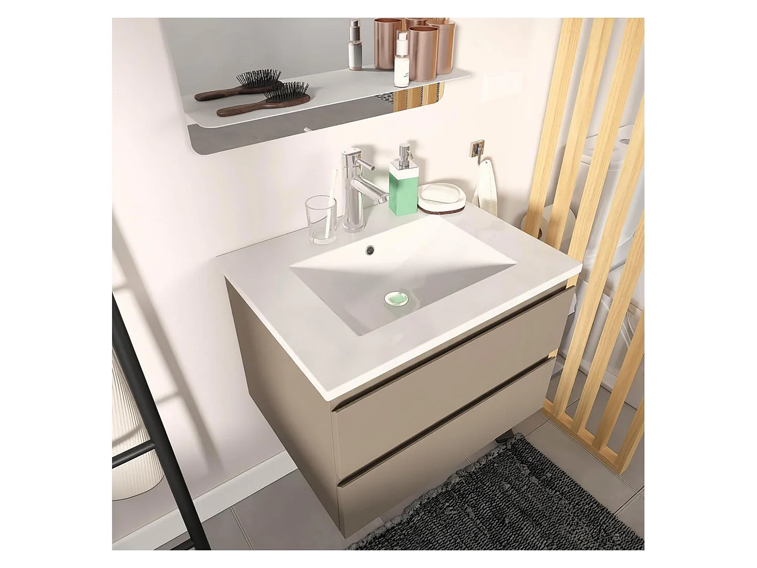 Enkele wastafelset 60cm met keramische bovenkant en chromen kraan SORRENTO