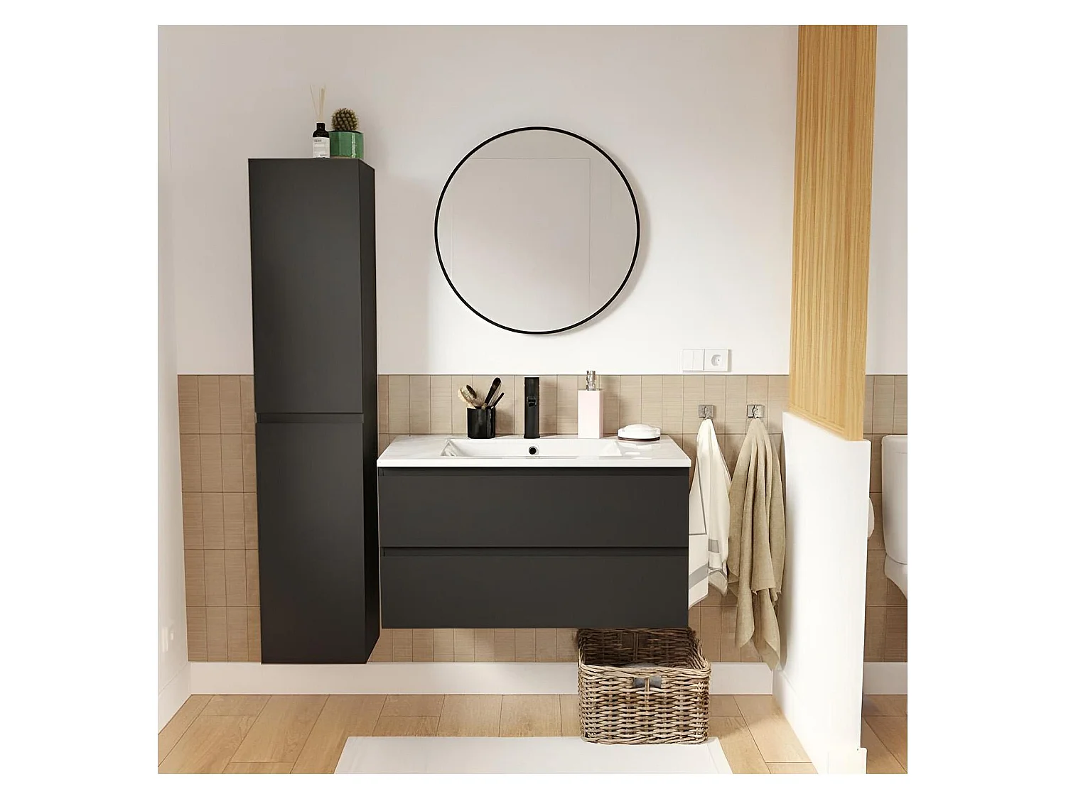 80 cm breiter Waschtisch mit Keramikplatte, Armatur, Spiegel SORRENTO