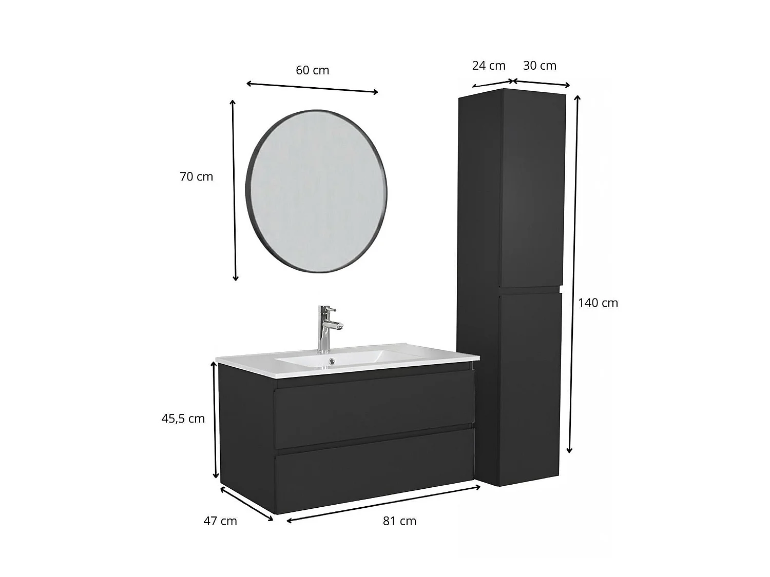 80 cm breiter Waschtisch mit Keramikplatte, Armatur, Spiegel SORRENTO