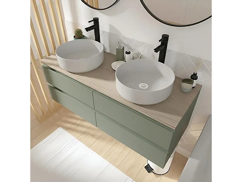 Meuble double vasque SORRENTO suspendu avec plan effet bois 120 cm