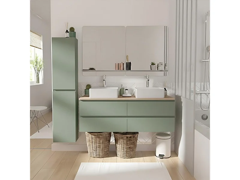 Meuble double vasque SORRENTO suspendu avec plan effet bois 120 cm