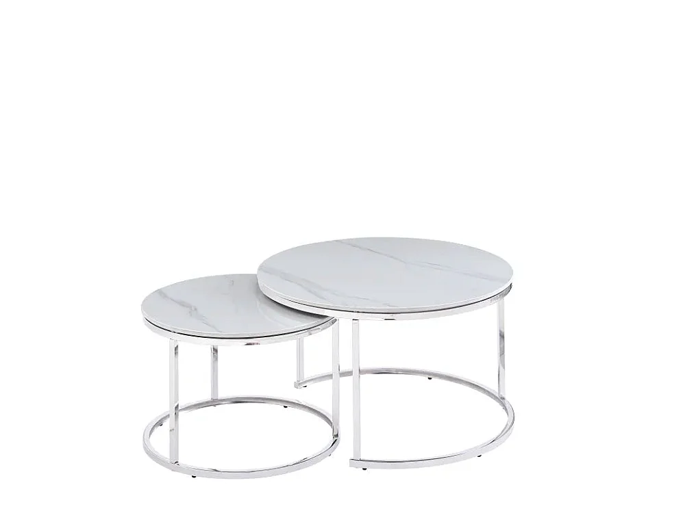 Lot de 2 tables Basses Gigogne ARTO inox et plateau en verre MARBRE BLANC