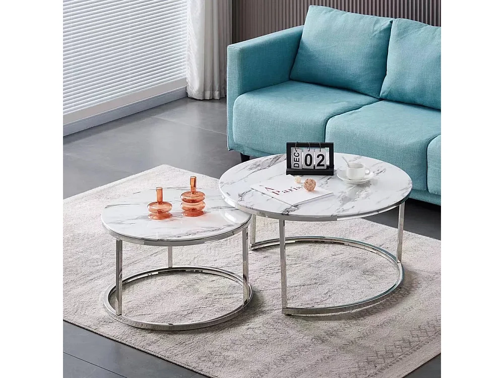 Lot de 2 tables Basses Gigogne ARTO inox et plateau en verre MARBRE BLANC