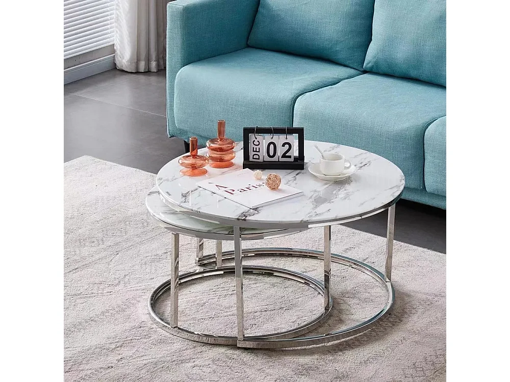 Lot de 2 tables Basses Gigogne ARTO inox et plateau en verre MARBRE BLANC