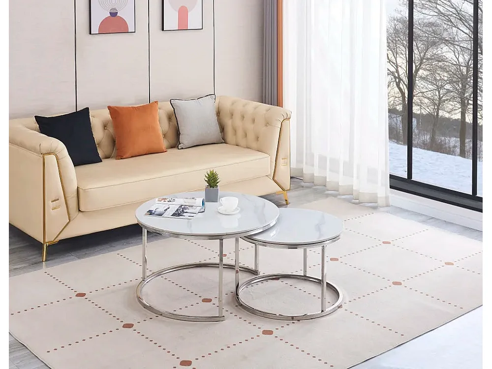 Lot de 2 tables Basses Gigogne ARTO inox et plateau en verre MARBRE BLANC