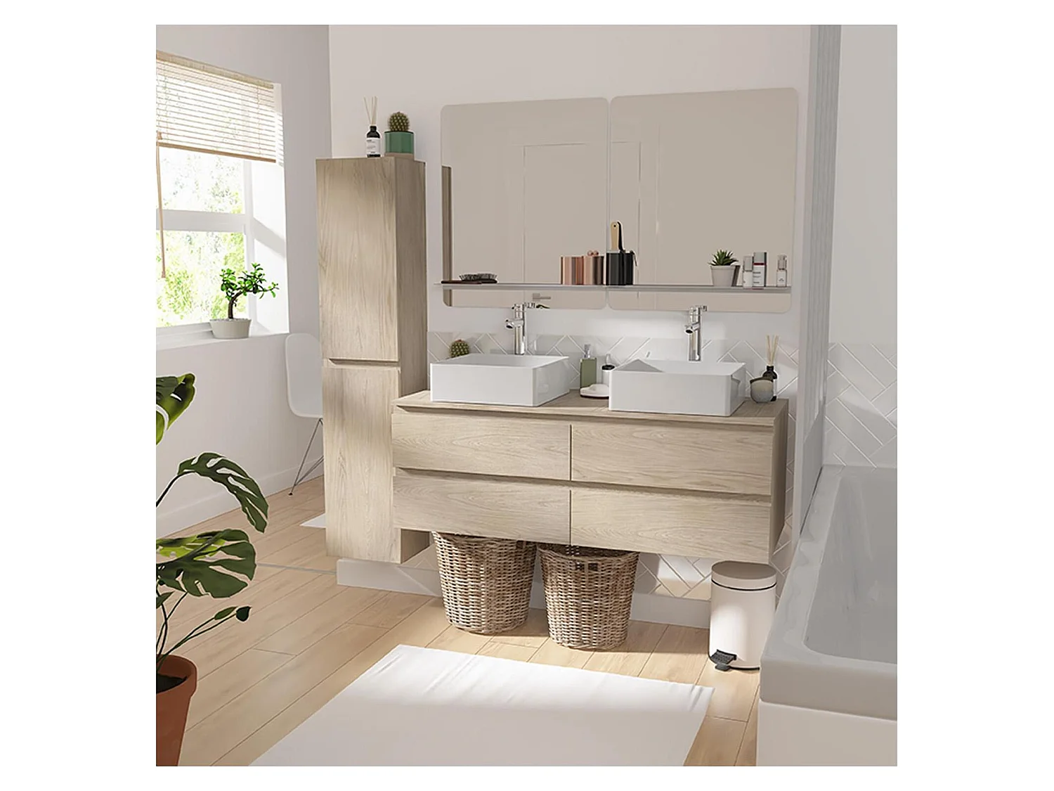 Meuble double vasque SORRENTO suspendu avec plan effet bois 120 cm