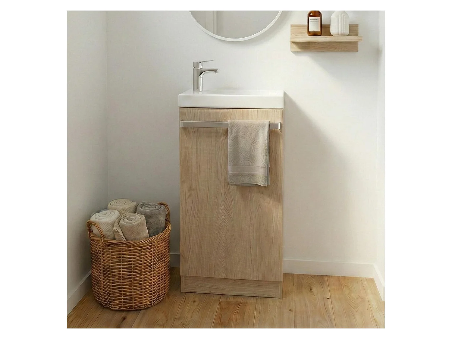Meuble lave-mains sur pieds JOHANN décor chêne + vasque + robinet