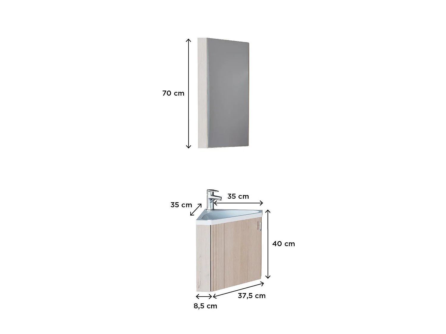Ensemble meuble lave-mains d'angle décor chêne KODA + armoire miroir