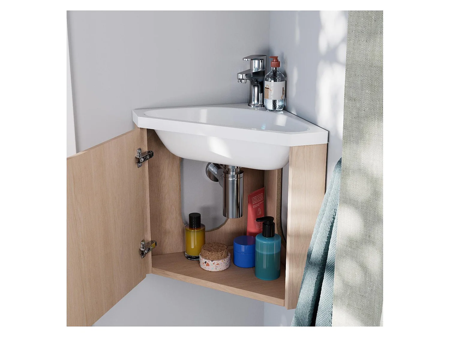 Ensemble meuble lave-mains d'angle décor chêne KODA + armoire miroir
