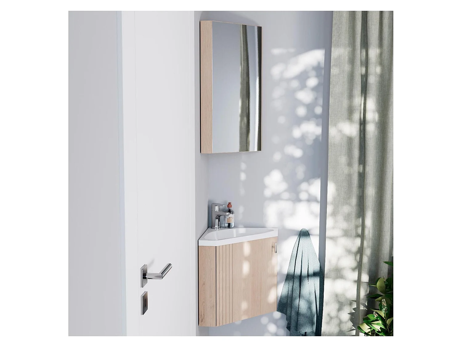 Ensemble meuble lave-mains d'angle décor chêne KODA + armoire miroir