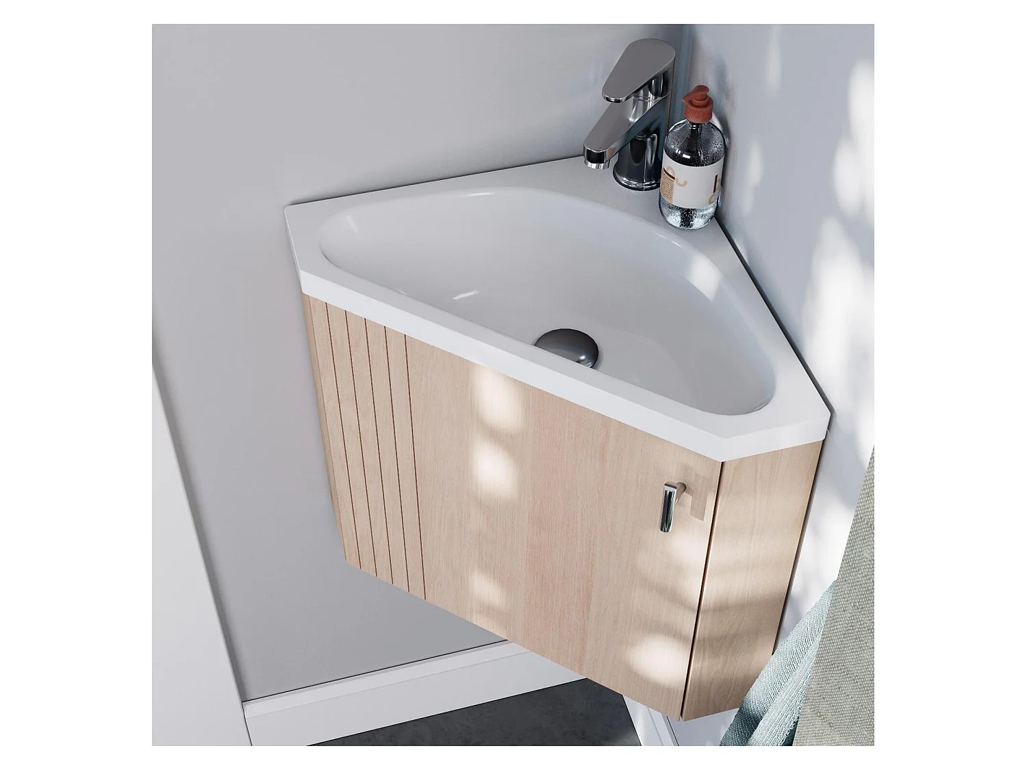 Ensemble meuble lave-mains d'angle décor chêne KODA + armoire miroir