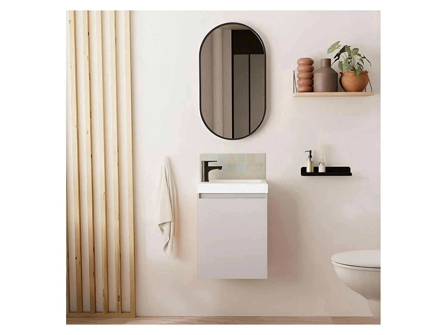 Meuble lave-mains LISA + robinet noir + miroir ovale