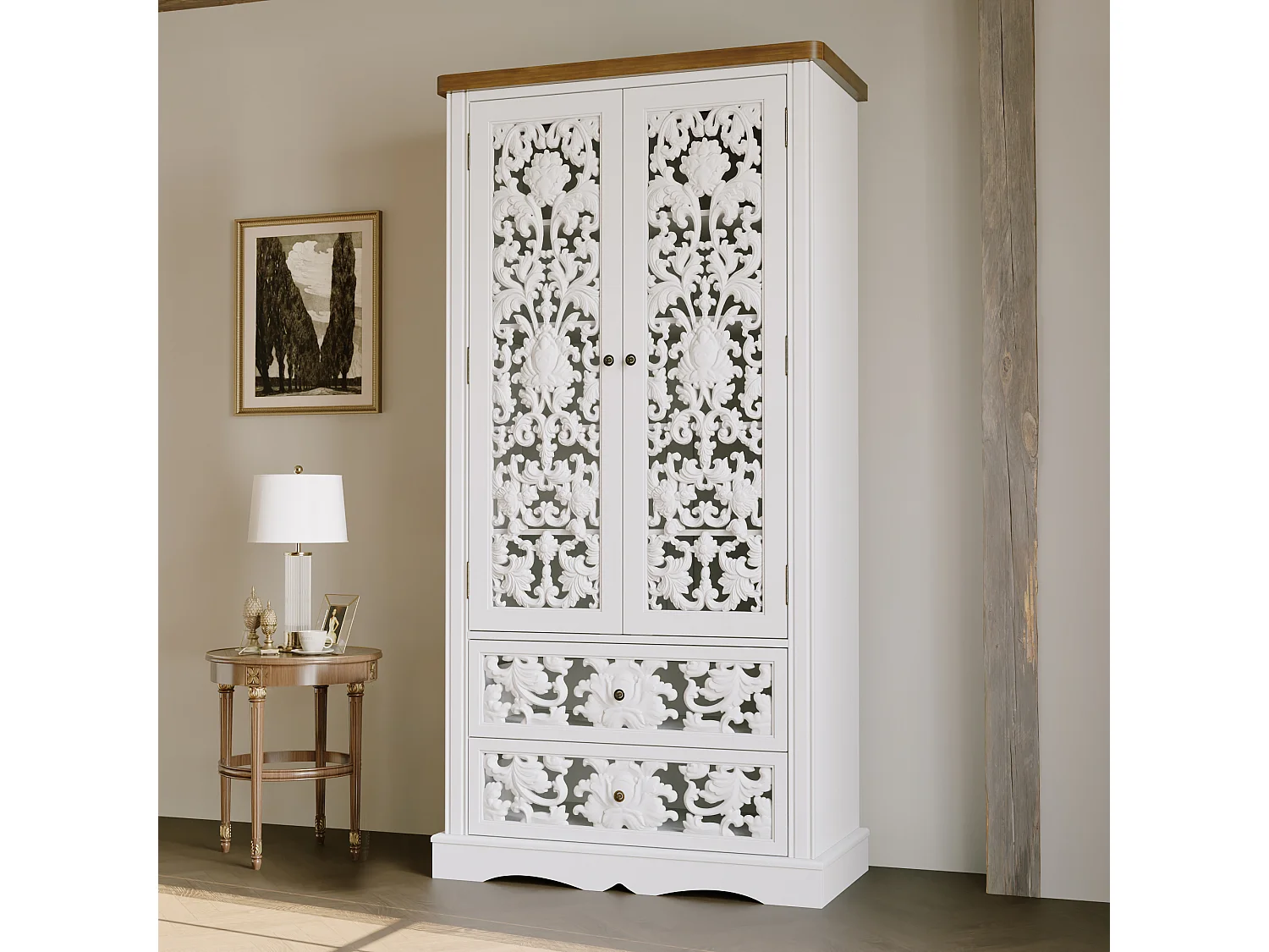 Armoire de chambre avec 2 tiroirs et 2 portes - 5 niveaux, Façade sculptée ajourée, 84x40x168, Blanc