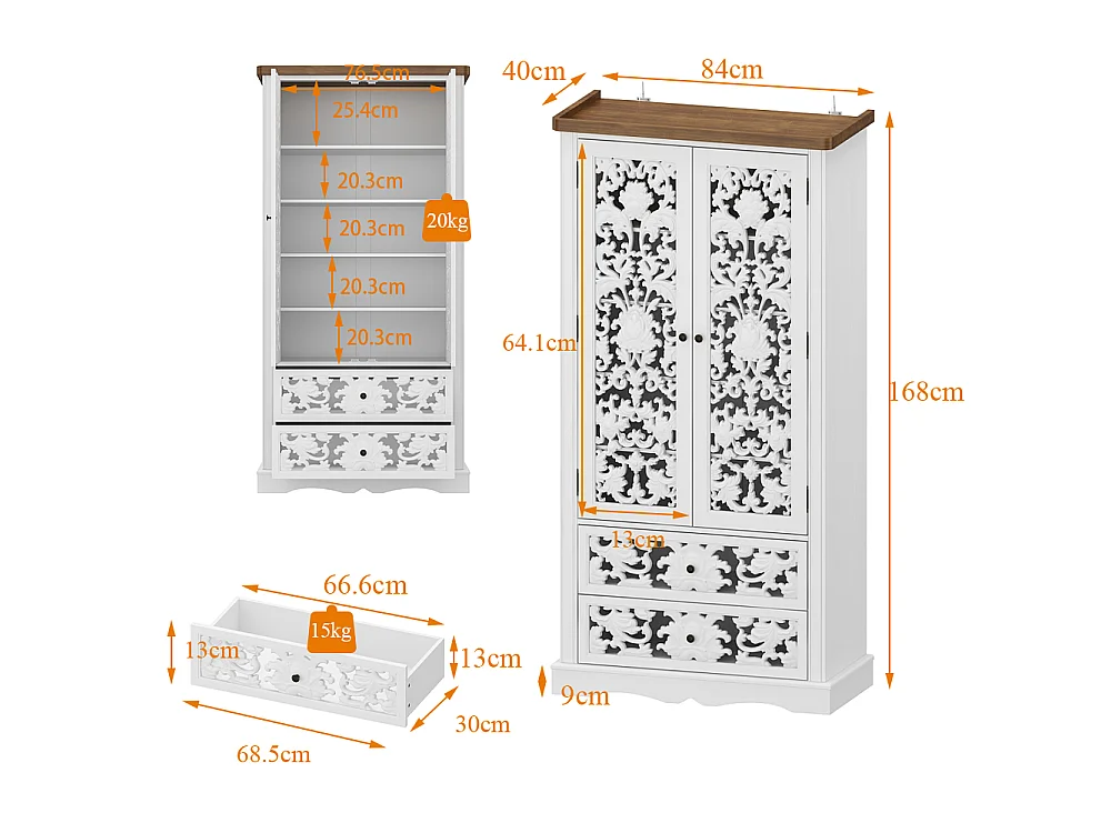Armoire de chambre avec 2 tiroirs et 2 portes - 5 niveaux, Façade sculptée ajourée, 84x40x168, Blanc