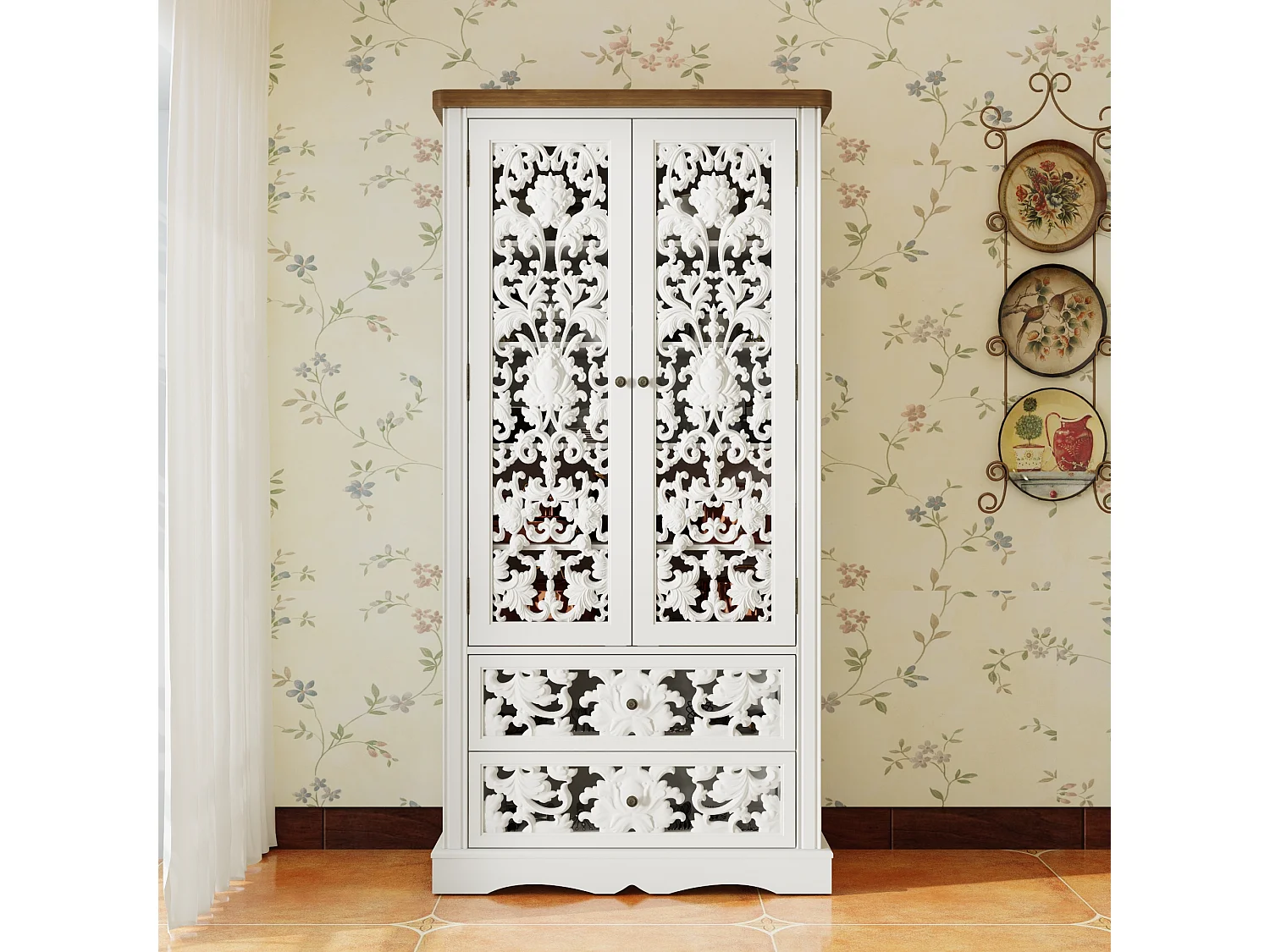 Armoire de chambre avec 2 tiroirs et 2 portes - 5 niveaux, Façade sculptée ajourée, 84x40x168, Blanc