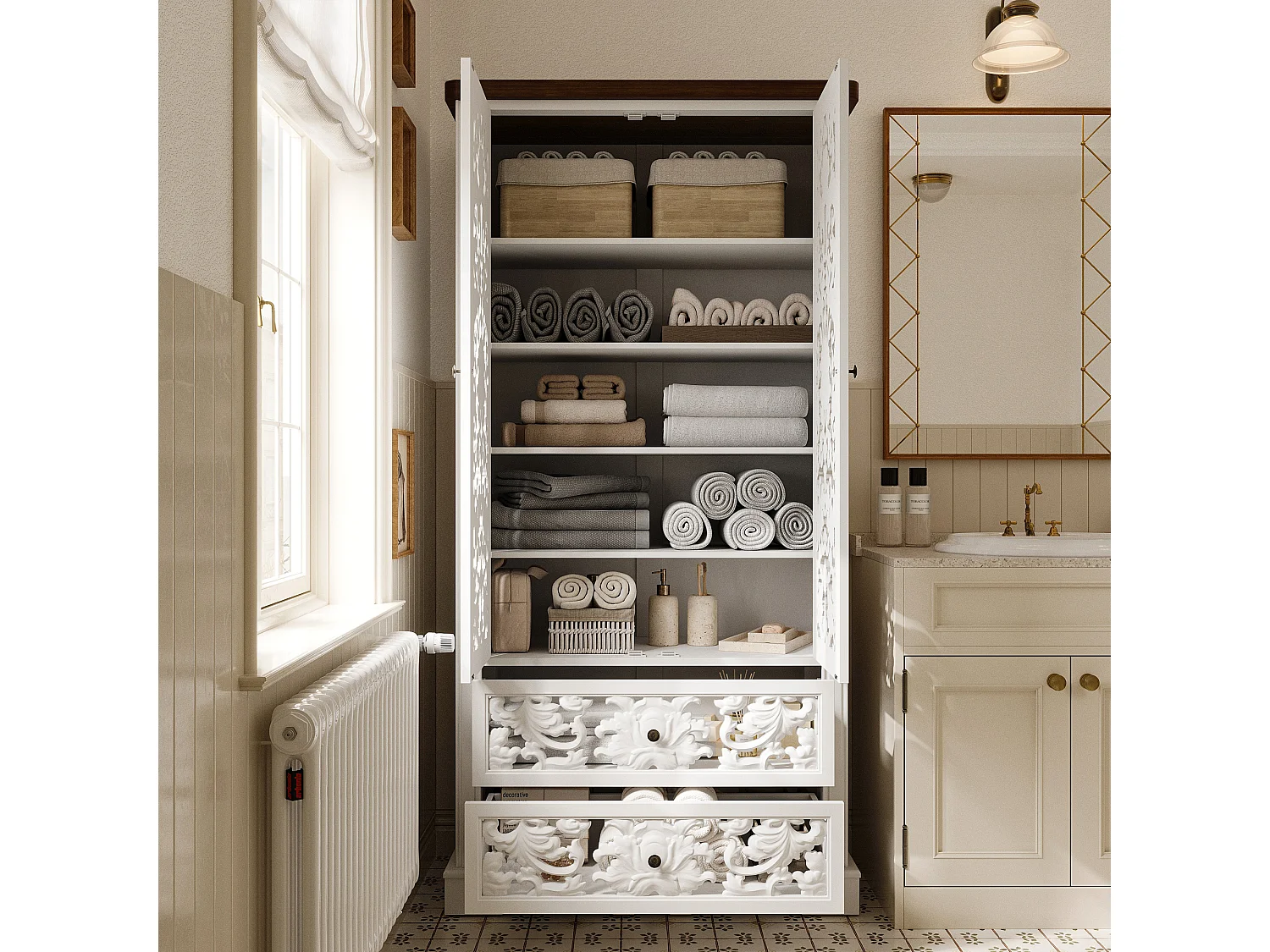 Armoire de chambre avec 2 tiroirs et 2 portes - 5 niveaux, Façade sculptée ajourée, 84x40x168, Blanc