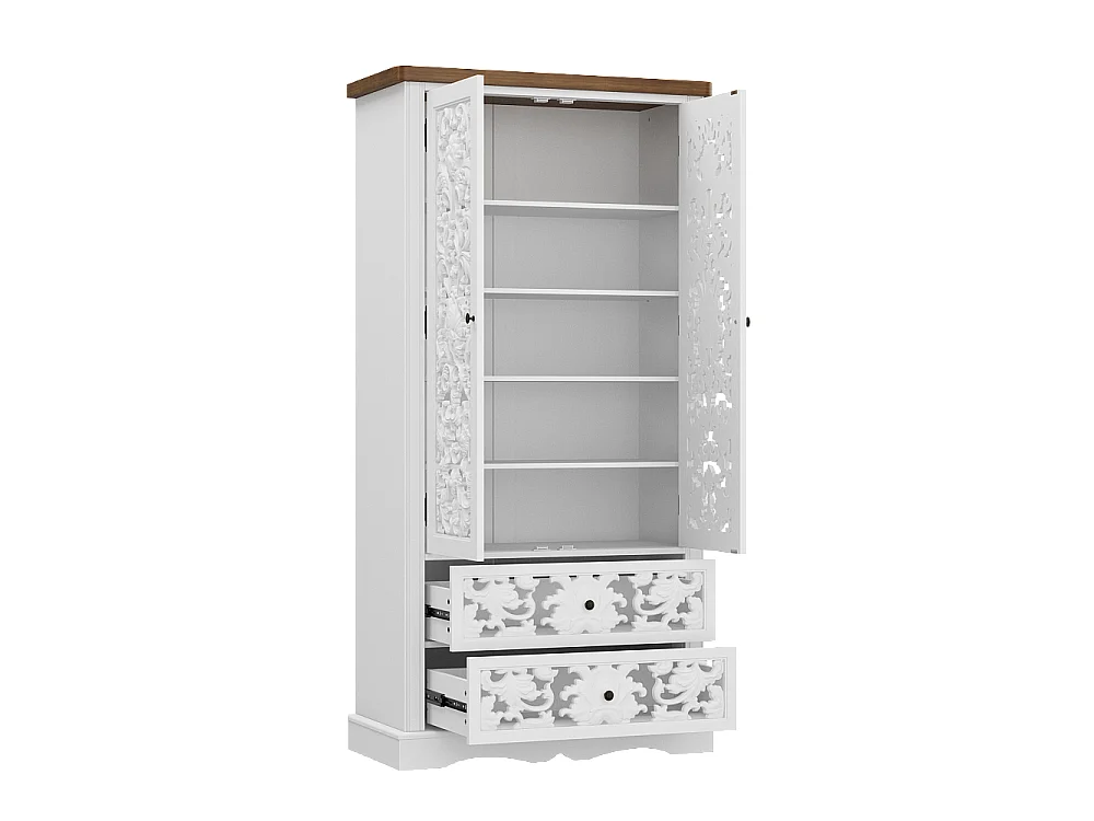 Armoire de chambre avec 2 tiroirs et 2 portes - 5 niveaux, Façade sculptée ajourée, 84x40x168, Blanc