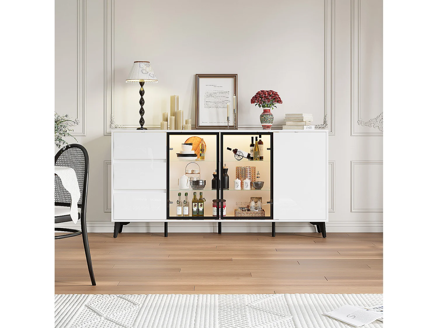 Buffet bas à LED 3 couleurs, 3 portes et 3 tiroirs, étagères, 160x35x80, Laqué Blanc