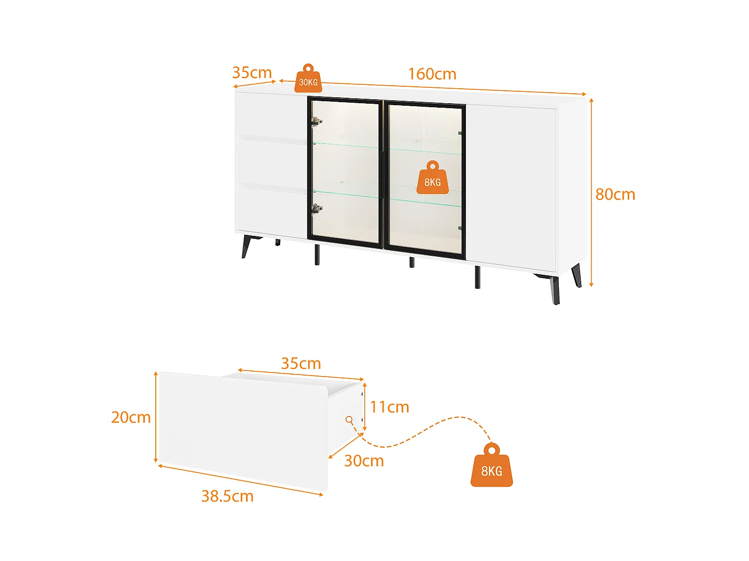 Buffet bas à LED 3 couleurs, 3 portes et 3 tiroirs, étagères, 160x35x80, Laqué Blanc