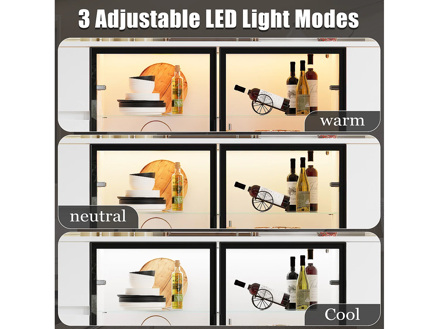 Buffet bas à LED 3 couleurs, 3 portes et 3 tiroirs, étagères, 160x35x80, Laqué Blanc