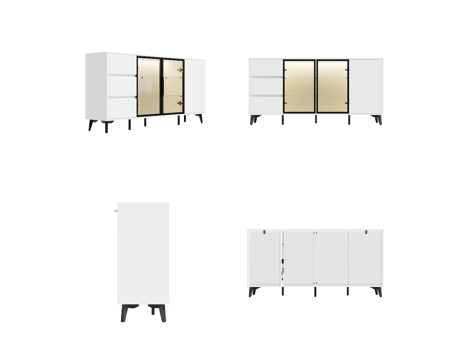 Buffet bas à LED 3 couleurs, 3 portes et 3 tiroirs, étagères, 160x35x80, Laqué Blanc