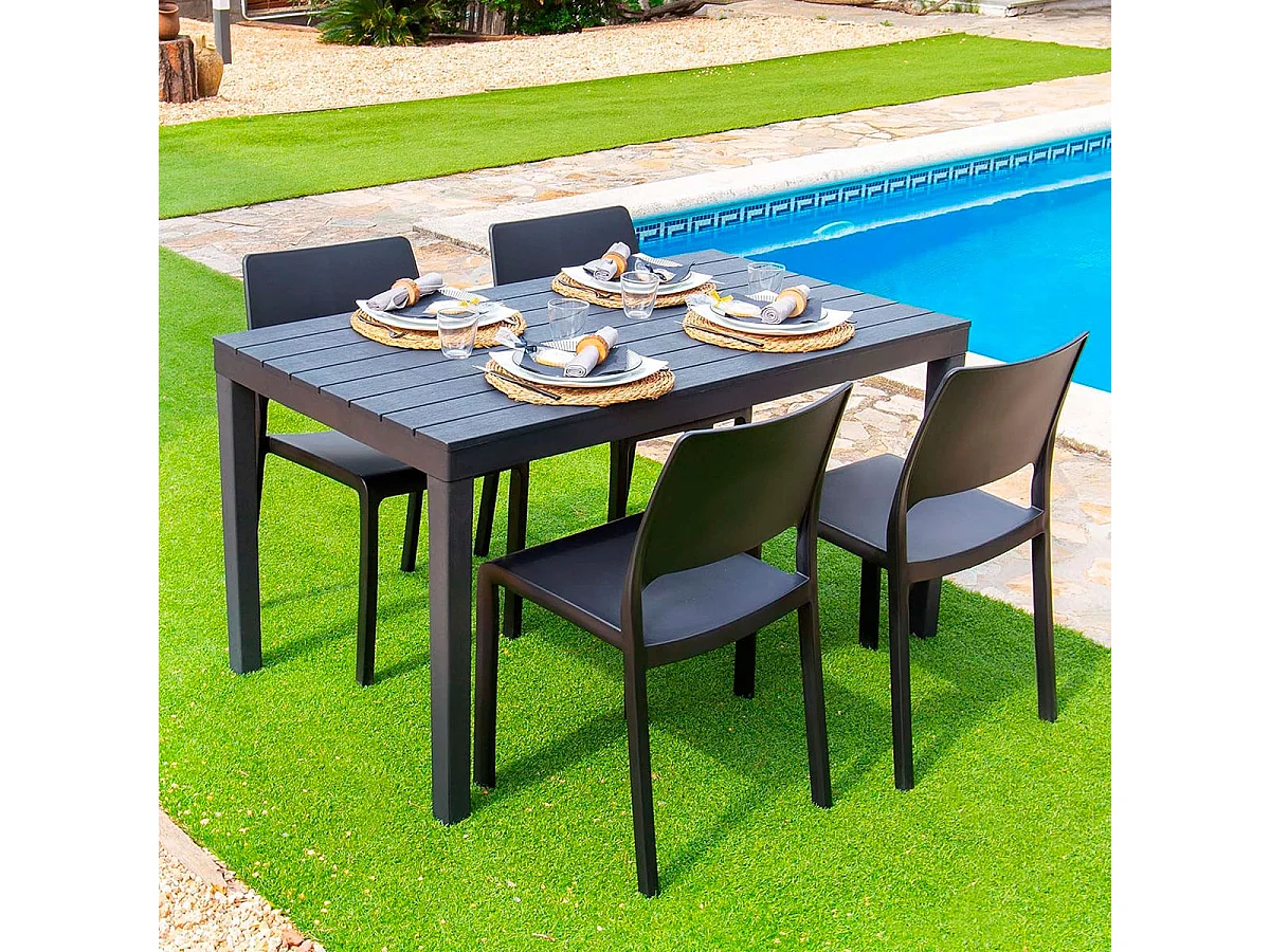 Table d'extérieur rectangulaire, Polypropylène, Effet lattes 138 x 78 x 72 cm, Anthracite