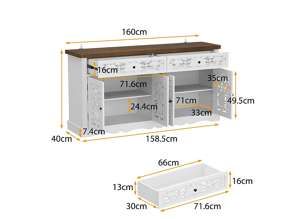 Buffet bas avec 2 tiroirs et 4 portes - 3 niveaux, sculpté et ajouré, salon, 160x40x80, Blanc