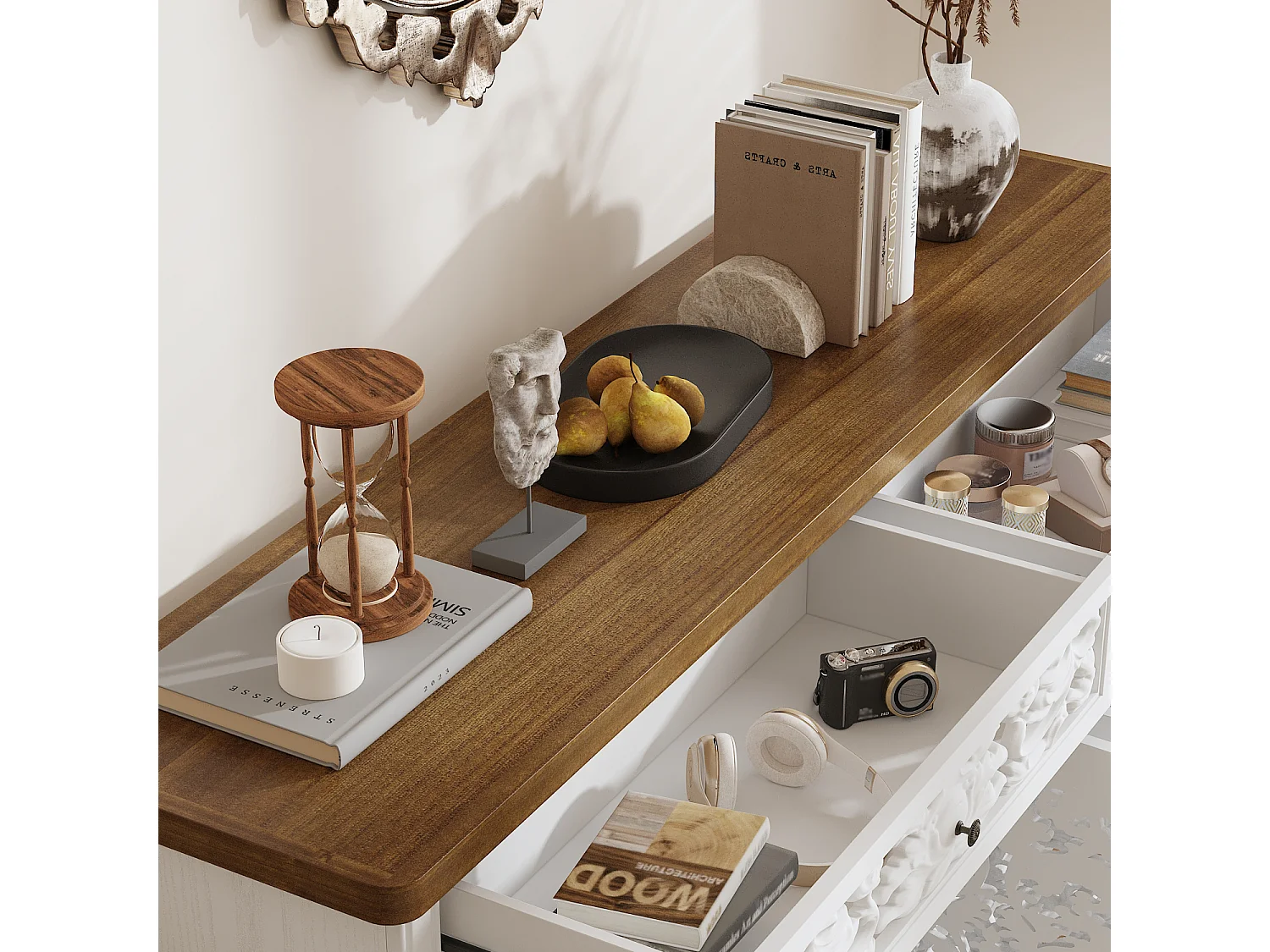 Buffet bas avec 2 tiroirs et 4 portes - 3 niveaux, sculpté et ajouré, salon, 160x40x80, Blanc