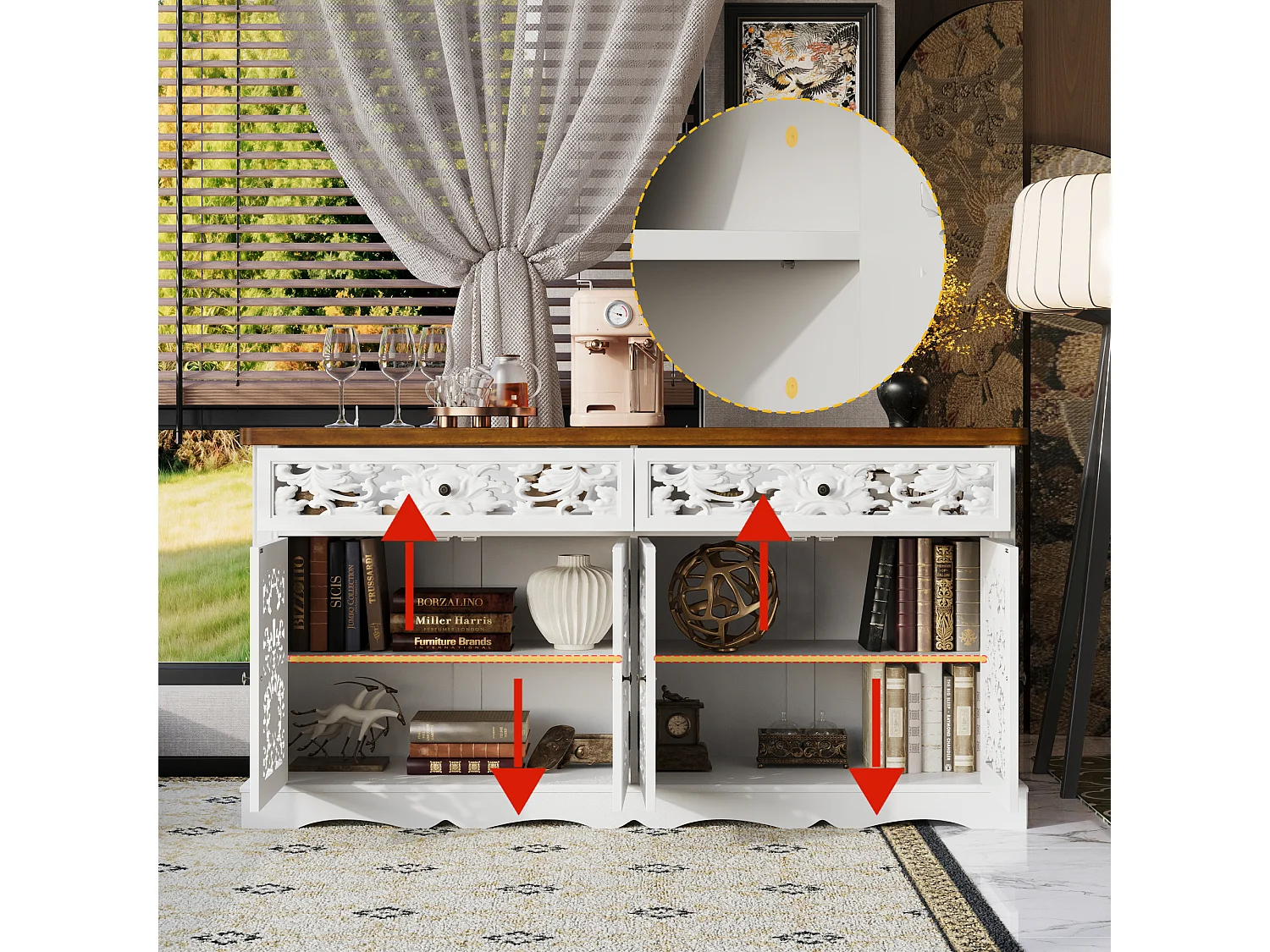 Buffet bas avec 2 tiroirs et 4 portes - 3 niveaux, sculpté et ajouré, salon, 160x40x80, Blanc