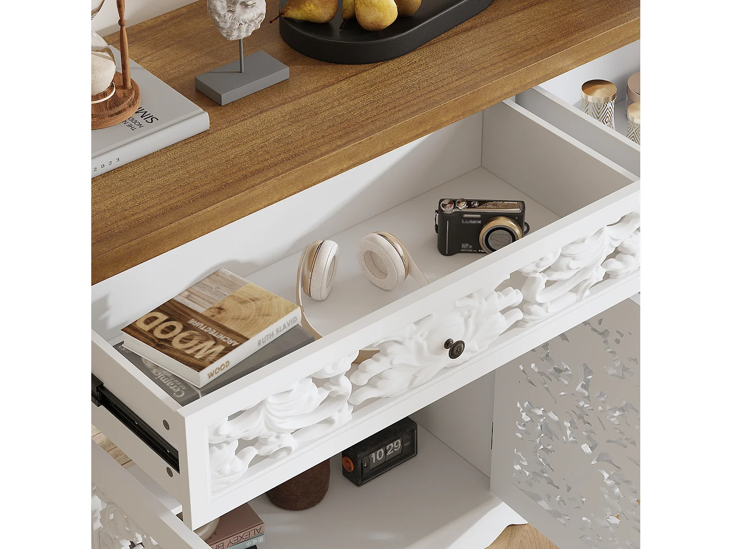 Buffet bas avec 2 tiroirs et 4 portes - 3 niveaux, sculpté et ajouré, salon, 160x40x80, Blanc